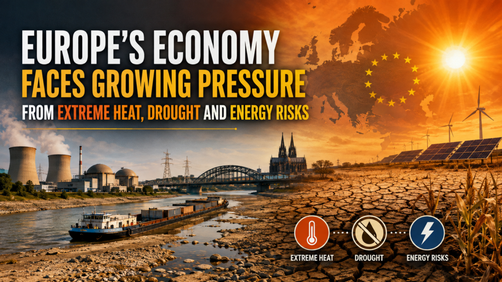 A news-style featured image showing Europe under extreme heat and drought, with low river levels, nuclear power infrastructure, cargo transport, cracked farmland, solar panels and wind turbines highlighting growing economic and energy risks.