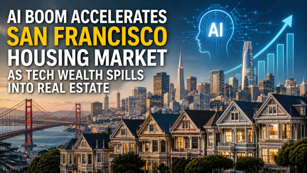 A wide editorial-style view of San Francisco featuring the downtown skyline, modern residential buildings, subtle AI technology motifs, and an upscale housing-market atmosphere that reflects rising demand from tech wealth.