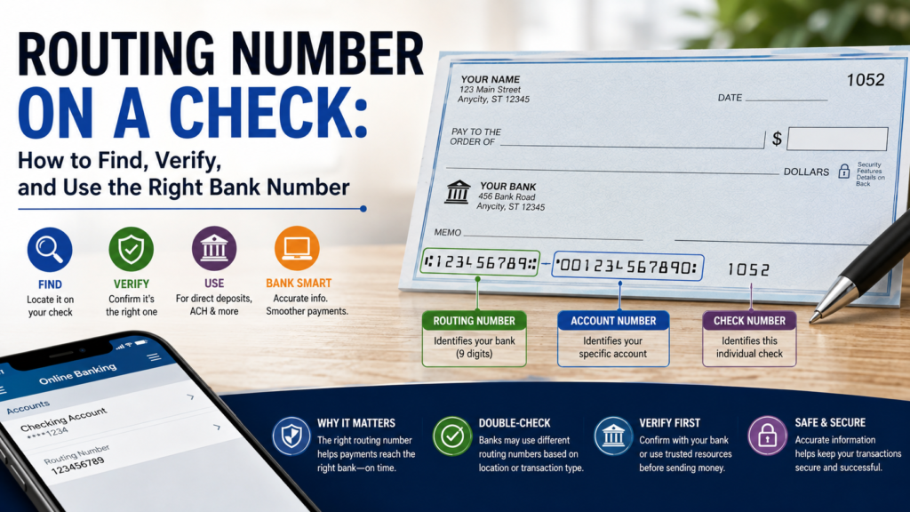 A clean banking-themed editorial visual showing a personal check with the routing number area highlighted, paired with subtle digital banking and verification elements.