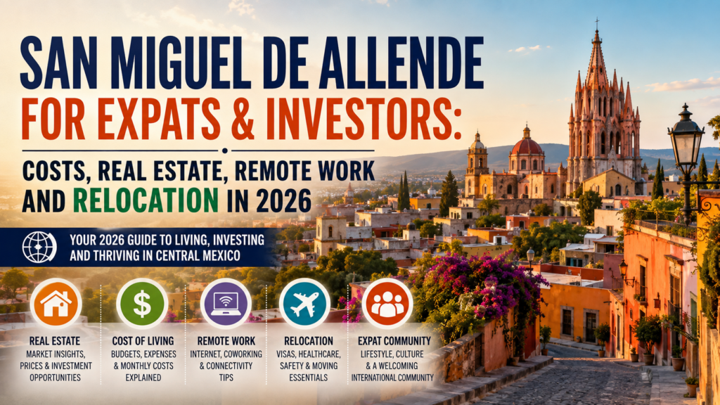 Scenic view of San Miguel de Allende, Mexico, highlighting its historic architecture and appeal for expats, remote workers, retirees and real estate investors in 2026.