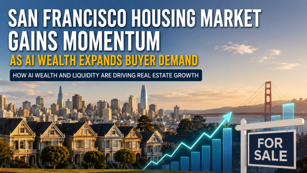 A wide editorial-style view of San Francisco residential neighborhoods and skyline, illustrating rising housing demand fueled by AI-sector wealth, technology hiring, cash-rich buyers, and tightening property supply.