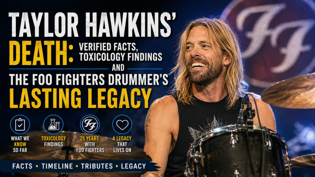 A respectful editorial tribute to Taylor Hawkins performing behind a drum kit on a large rock stage, with dramatic concert lighting and subtle memorial tones, designed to represent verified reporting about his death, toxicology findings and musical legacy.