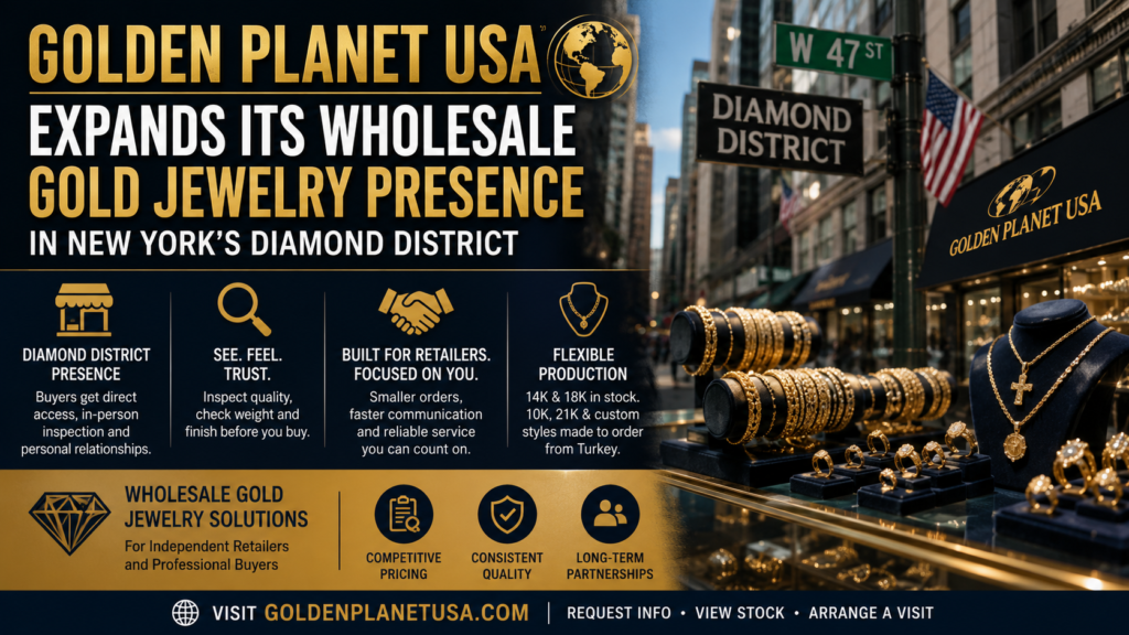 A premium editorial scene inside New York’s Diamond District featuring elegant solid gold jewelry displays, a professional wholesale showroom, and subtle New York city cues to represent Golden Planet USA’s expanding wholesale presence.