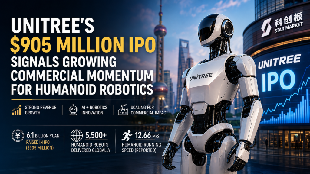 Unitree humanoid robot with Shanghai’s STAR Market backdrop, illustrating the company’s $905 million IPO, revenue growth and robotics expansion.