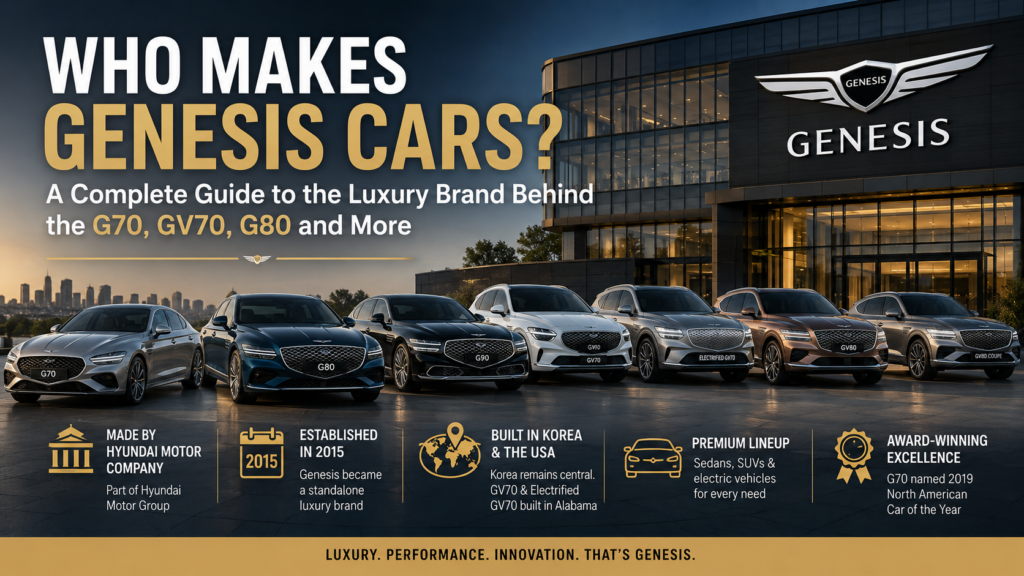 Genesis luxury sedans and SUVs displayed outside a premium showroom, illustrating Hyundai Motor Company’s ownership of Genesis and its G70, G80, G90, GV70 and GV80 lineup.