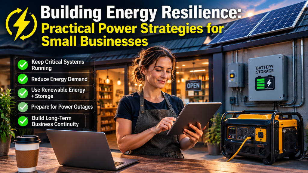 Small business using solar panels, battery storage and backup power systems to maintain critical operations and improve energy resilience during outages.