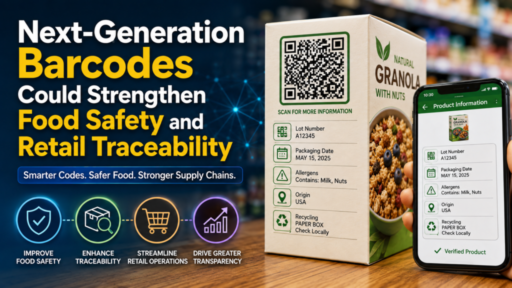 A modern retail grocery environment showing packaged food with a prominent 2D barcode being scanned at checkout, visually connecting product data, batch tracking, food safety, inventory systems, and supply-chain traceability. Clean, realistic editorial business-news style with subtle digital data cues and retail technology context.