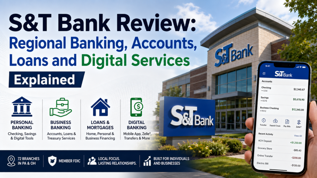 A professional regional banking scene featuring a modern bank branch, smartphone with mobile banking interface, payment card, loan and savings symbols, and subtle Pennsylvania and Ohio visual cues. Clean financial-news aesthetic emphasizing personal banking, business services, lending, and digital banking.