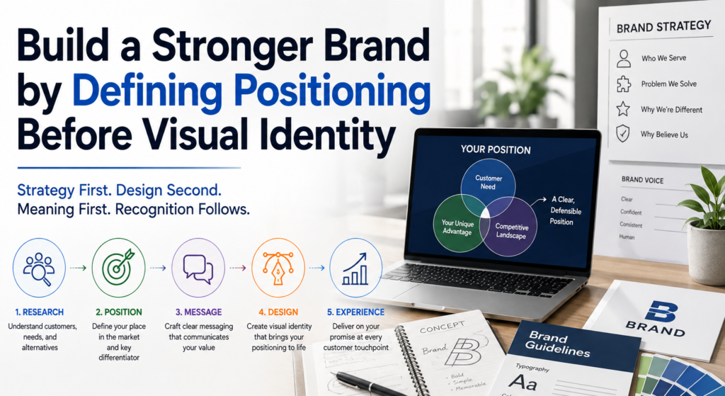 A professional branding strategy scene showing a team defining audience, differentiation, messaging, and market position before moving into logo, color, typography, and visual identity design. Clean modern business editorial style with strategy documents, brand boards, and visual-system elements.