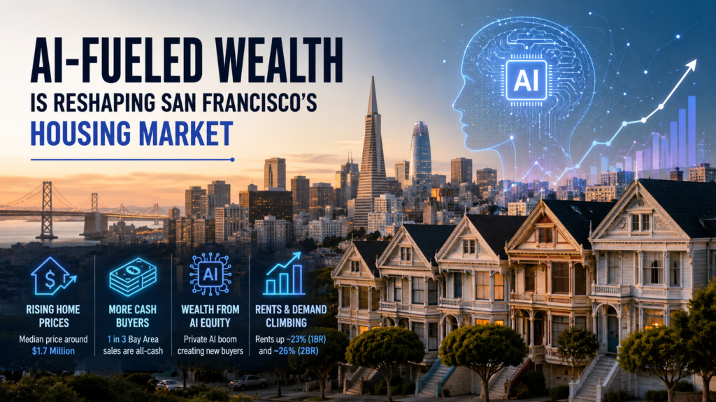 A wide editorial-style view of San Francisco residential neighborhoods with modern homes, the city skyline, and subtle AI-inspired visual elements suggesting technology wealth flowing into the housing market.