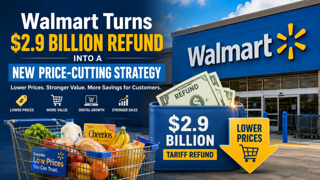 A professional retail-business illustration showing a Walmart storefront with shopping carts, price-cut symbols, and a prominent “$2.9 Billion Refund” visual, representing Walmart’s plan to turn tariff refund proceeds into lower consumer prices.