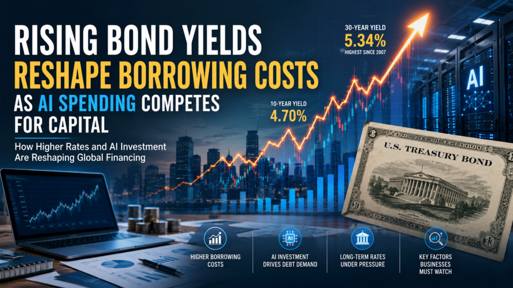 A professional financial-news illustration showing rising U.S. Treasury yields, upward bond-market charts, corporate borrowing pressure, and AI data-center infrastructure competing for investment capital.