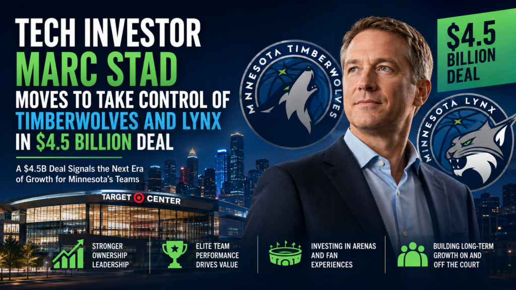 A premium sports-business illustration featuring a modern basketball arena, Minnesota-inspired blue and green lighting, investment imagery, and a $4.5 billion ownership deal theme.