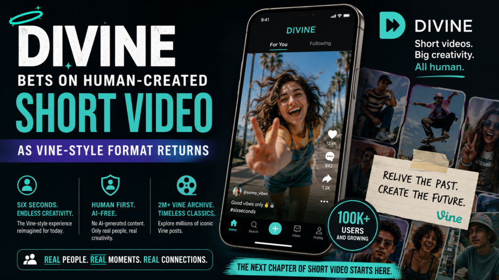 A modern editorial featured image showing a smartphone with a six-second short-video interface, expressive human creators, and visual cues for authentic human-made content and Vine-era nostalgia. The image emphasizes Divine’s AI-free positioning and return of the six-second looping format.