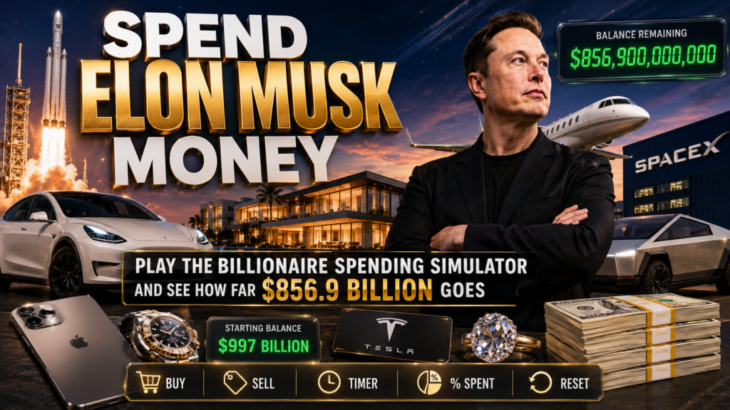 Featured illustration for a Spend Elon Musk Money simulator article showing Elon Musk, luxury cars, a rocket, private jet, mansion and virtual billionaire balance to visualize the scale of an $856.9 billion fortune.