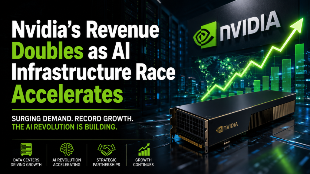 A cinematic wide-format illustration of Nvidia’s AI infrastructure boom, showing advanced GPU servers, glowing data center racks, and a rising technology-growth atmosphere. The only visible text is the article title: “Nvidia Revenue Doubles as AI Infrastructure Race Accelerates.