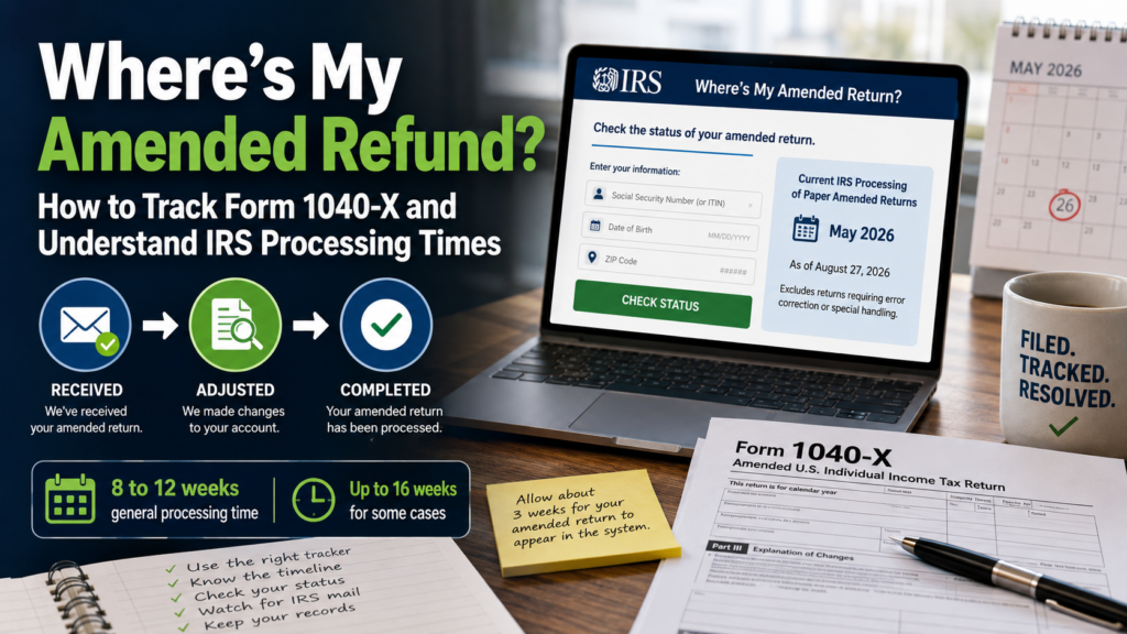 A clean 1280×720 tax-news featured image showing a taxpayer checking an IRS amended return status on a laptop, with subtle tax forms, refund-tracking visuals, and a professional blue-and-white government-finance aesthetic. The only visible text is the article title.