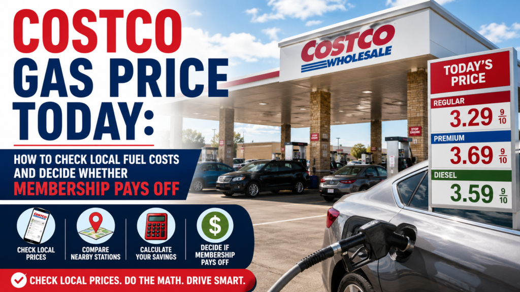 Costco gas price today with local fuel cost and membership savings comparison.