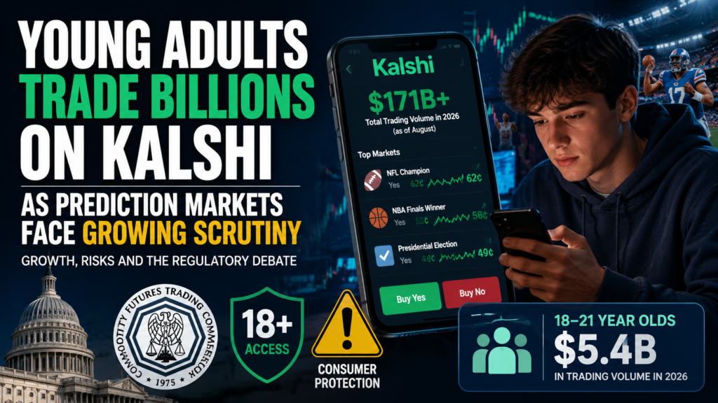 A news-style financial markets illustration showing young adult traders monitoring prediction-market contracts on laptops and mobile devices, with sports icons, market charts and regulatory imagery suggesting growing scrutiny of Kalshi prediction markets.