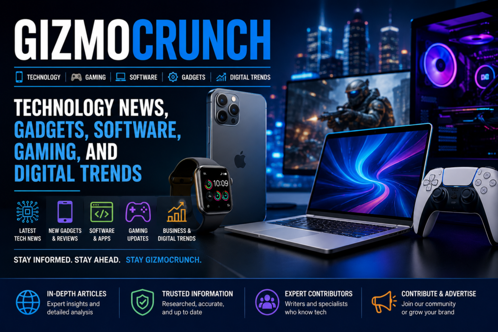 A modern technology news collage representing Gizmocrunch, featuring laptops, smartphones, gaming hardware, software interfaces, SaaS dashboards, and digital trend graphics in a clean editorial layout.
