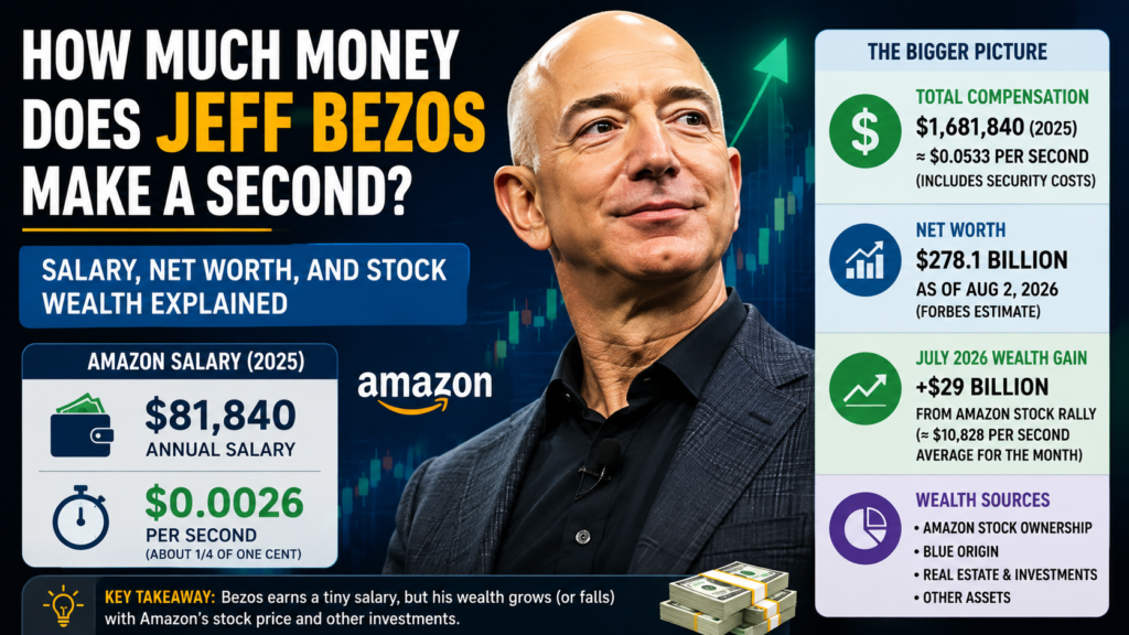 A business-finance graphic illustrating Jeff Bezos’ salary per second, Amazon stock wealth, total compensation and fluctuating net worth.