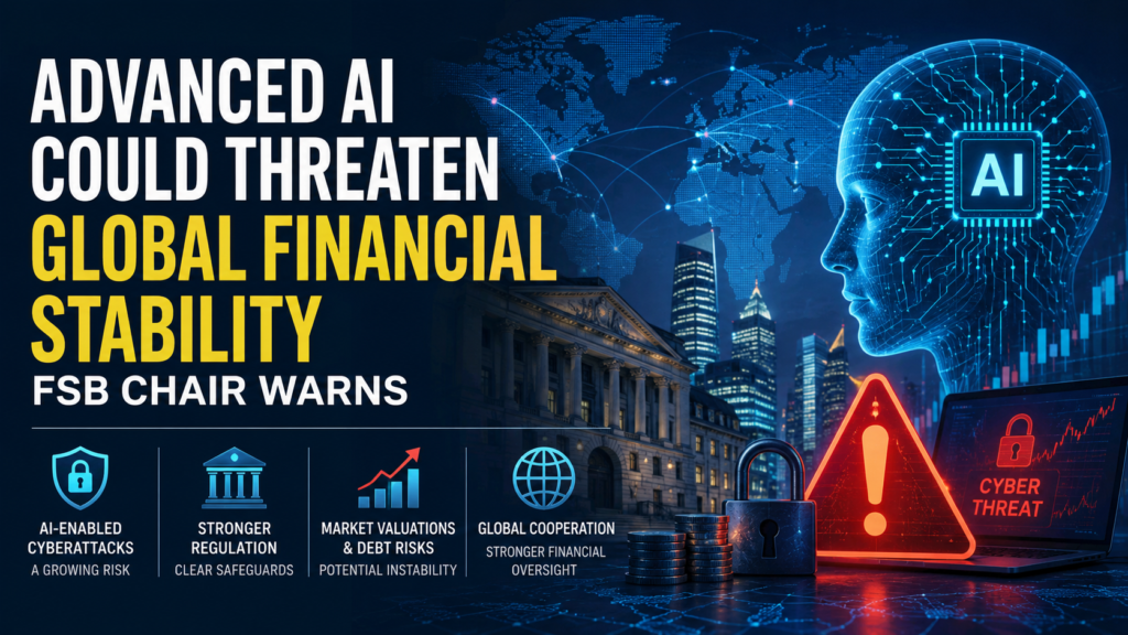 A global financial network under pressure from advanced artificial intelligence, showing interconnected banks, digital markets, cybersecurity threats, and regulatory oversight. The visual reflects concerns about AI-enabled cyberattacks and systemic financial instability.