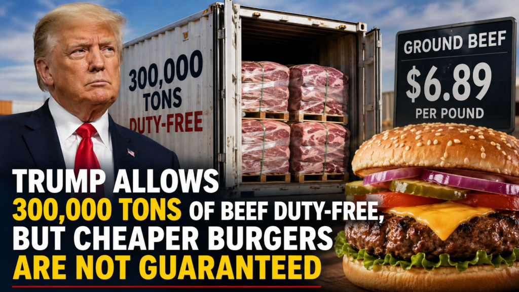 Editorial news-style image showing Donald Trump alongside imported beef shipments, packaged ground beef, and a hamburger, visually representing temporary tariff relief and uncertainty over lower U.S. beef prices.