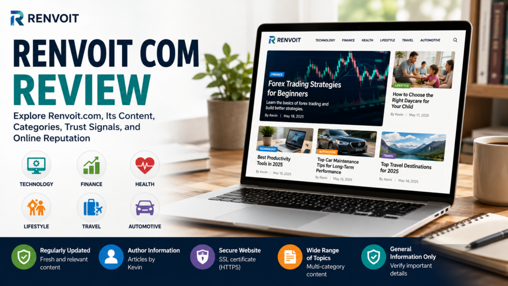 A professional website-review visual showing Renvoit.com on a laptop screen, surrounded by trust, safety, search, and verification symbols to represent legitimacy checks and online research.