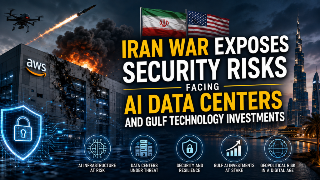A cinematic view of a fortified Gulf-region AI data center at night, surrounded by server infrastructure, security barriers and distant signs of regional conflict, symbolizing geopolitical threats to cloud computing and technology investments.