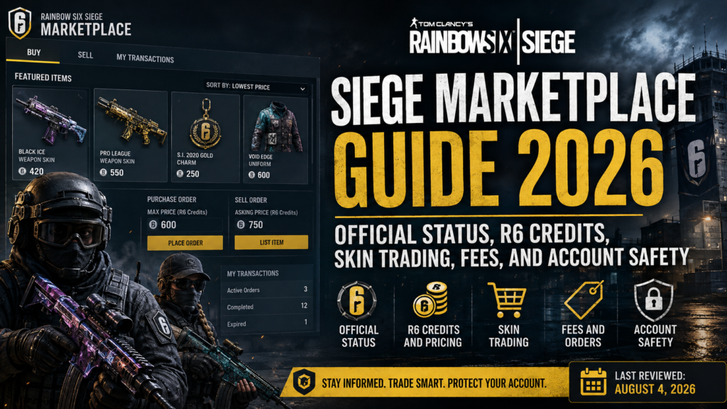 A cinematic Rainbow Six Siege-inspired marketplace interface showing weapon skins, R6 Credits, buy and sell order panels, security verification, pricing charts, and a prominent closed-status warning.