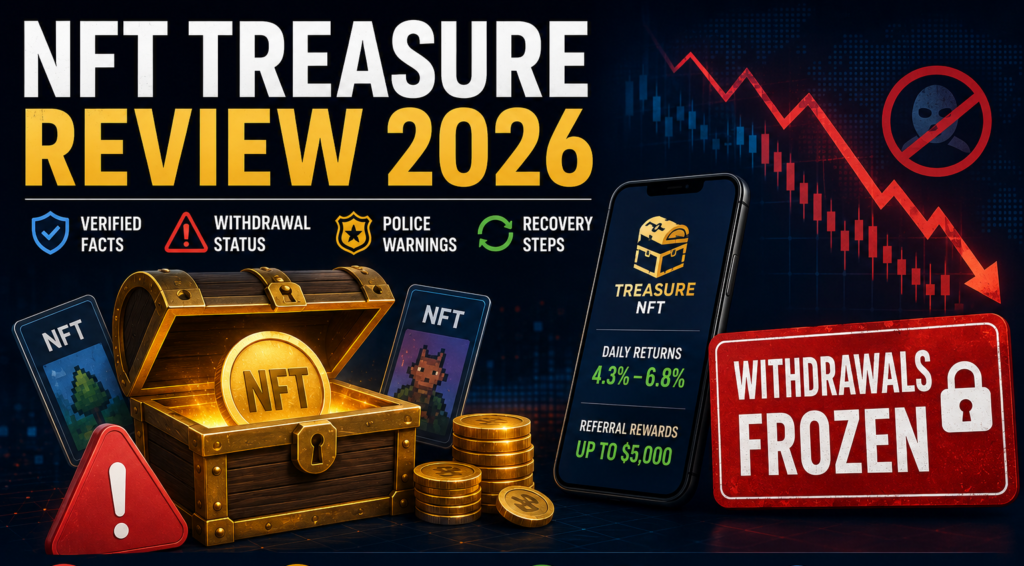 A high-contrast investigative finance graphic showing a frozen NFT withdrawal dashboard, warning symbols, blockchain transaction records, police alerts, and recovery evidence, emphasizing risk and verification.