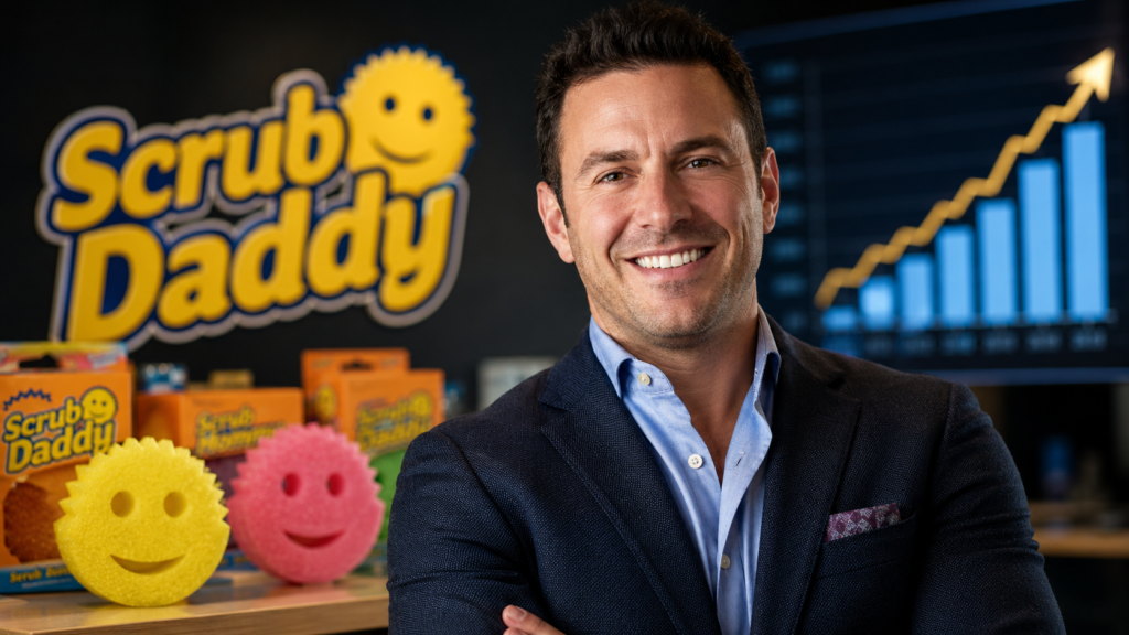 A bright editorial business image featuring the iconic smiling yellow scrubber, retail shelves, rising revenue graphics and visual cues representing company valuation and founder wealth.