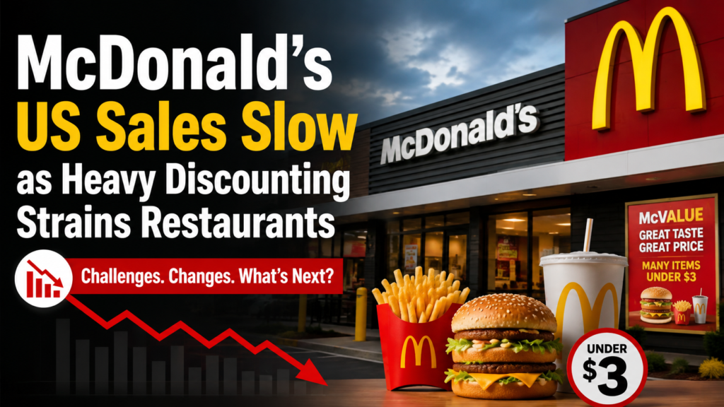 A busy McDonald’s restaurant counter illustrating slower US sales, heavy discounting, crowded promotions and operational pressure on restaurant teams.