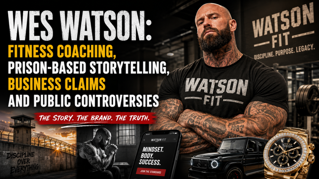 A dramatic editorial portrait of Wes Watson in a gym setting, combining fitness coaching, prison-story symbolism, business branding and public controversy themes.