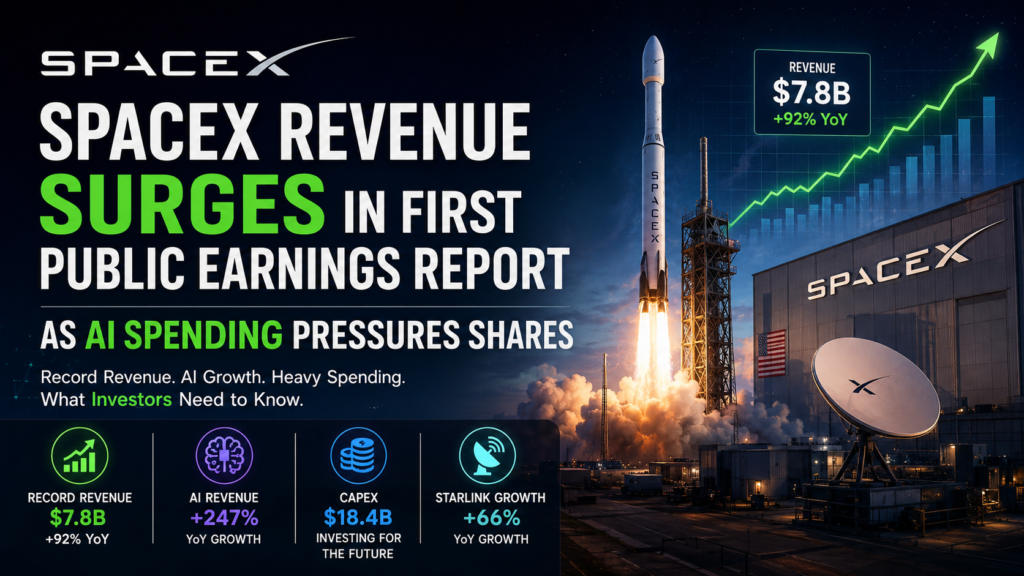 SpaceX revenue growth contrasted with heavy AI spending and falling shares.