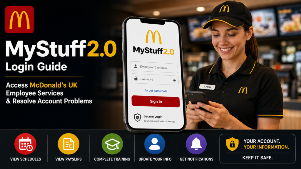 A secure employee-login illustration featuring a McDonald’s UK restaurant worker using the MyStuff2.0 HR portal on a laptop, with dashboard, password recovery and support symbols.