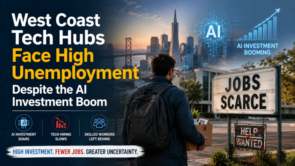 Featured image illustrating high unemployment across West Coast technology hubs while companies increase AI investment and reduce hiring.