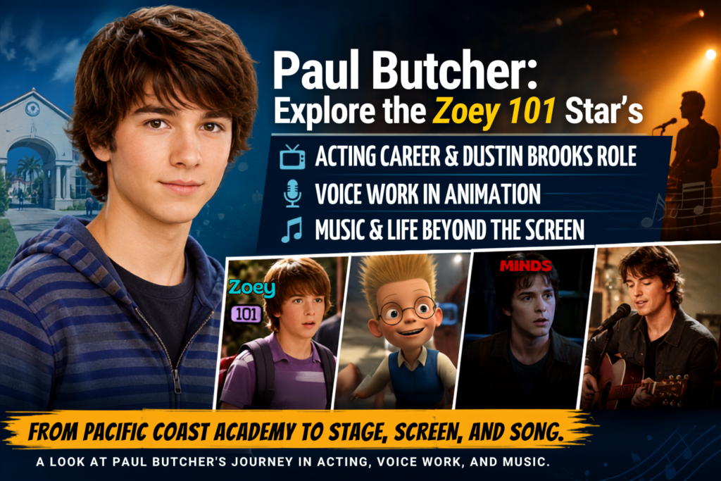 Editorial featured image about Paul Butcher, highlighting his Dustin Brooks role in Zoey 101 and his wider acting, voice, film, and music career.