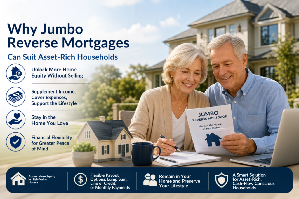 Jumbo reverse mortgage options for asset-rich older homeowners with high-value properties.