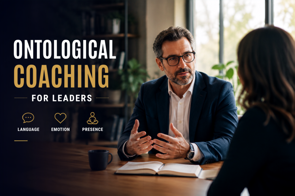 Leadership coaching scene illustrating ontological coaching through language, emotional awareness and physical presence, with an executive reflecting during a professional coaching conversation.