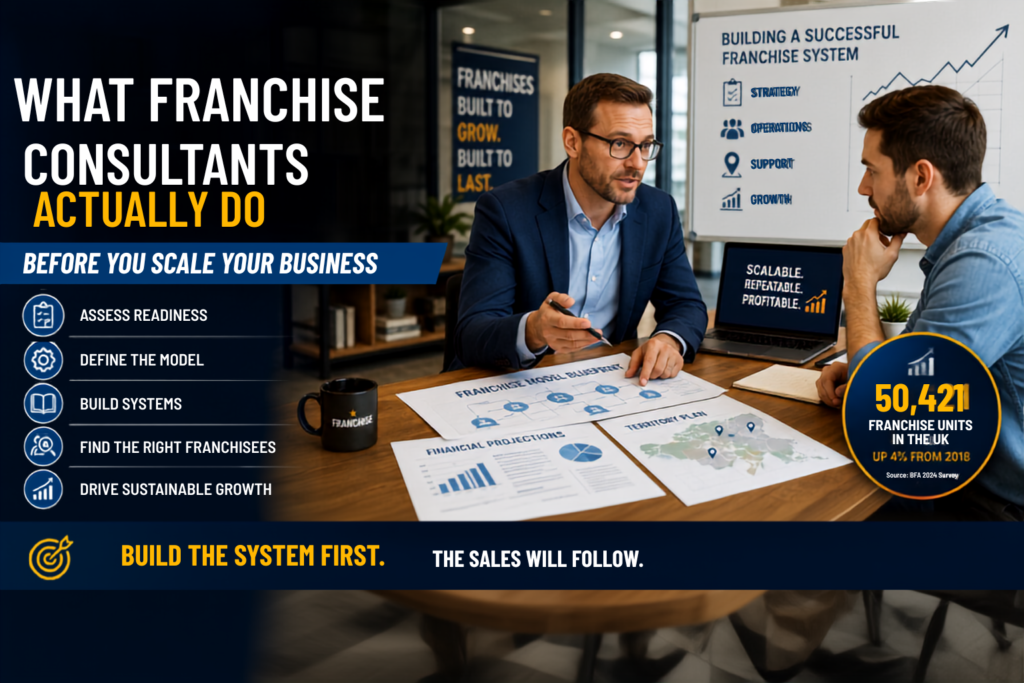 Featured image showing franchise consultants reviewing business systems, territory plans, financial projections, recruitment, and franchise growth strategy.