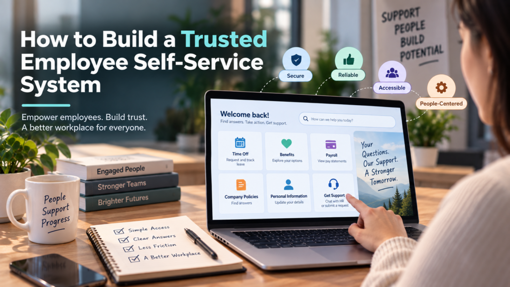 Employee using a trusted employee self-service system for HR support.