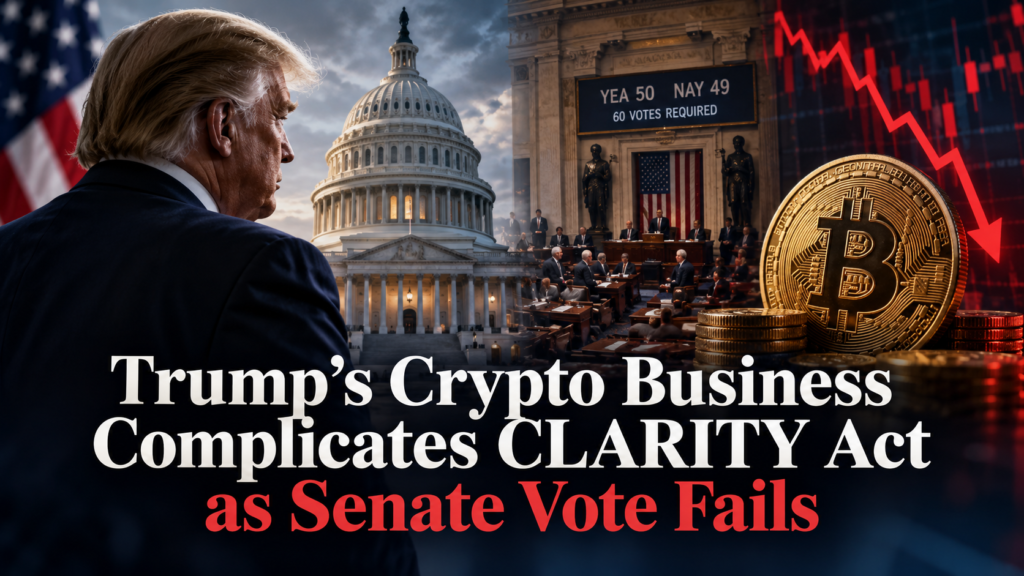 Trump’s Crypto Business Complicates CLARITY Act as Senate Vote Fails Alt Text: Trump, Bitcoin and US Capitol after CLARITY Act Senate vote fails