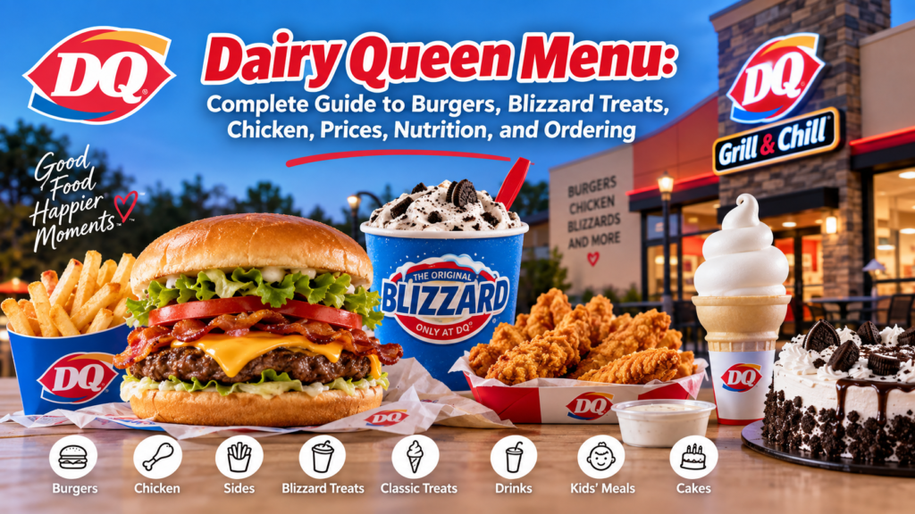 Featured image highlighting popular Dairy Queen menu categories, including burgers, chicken strips, fries, Blizzard Treats, cones, drinks, and cakes.