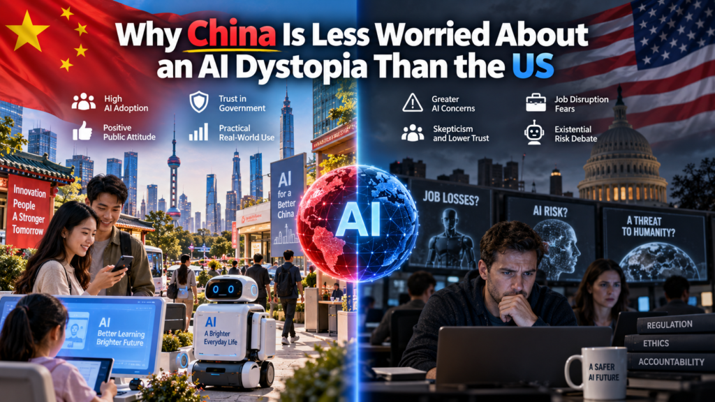 Editorial featured image contrasting China’s optimistic, practical adoption of artificial intelligence with stronger US concerns about AI risks, regulation, jobs, and long-term safety.