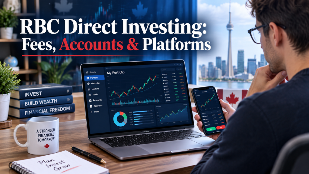 : A clean financial editorial image showing a Canadian self-directed investor reviewing stock charts and portfolio data on a laptop and mobile device, with subtle red-and-blue financial graphics suggesting RBC Direct Investing.