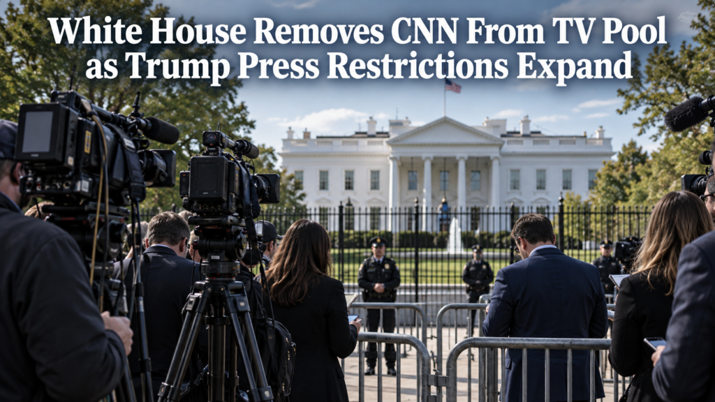 A news-style White House press access scene showing television cameras and reporters outside the White House, visually representing CNN’s removal from the presidential TV pool amid broader media-access restrictions.