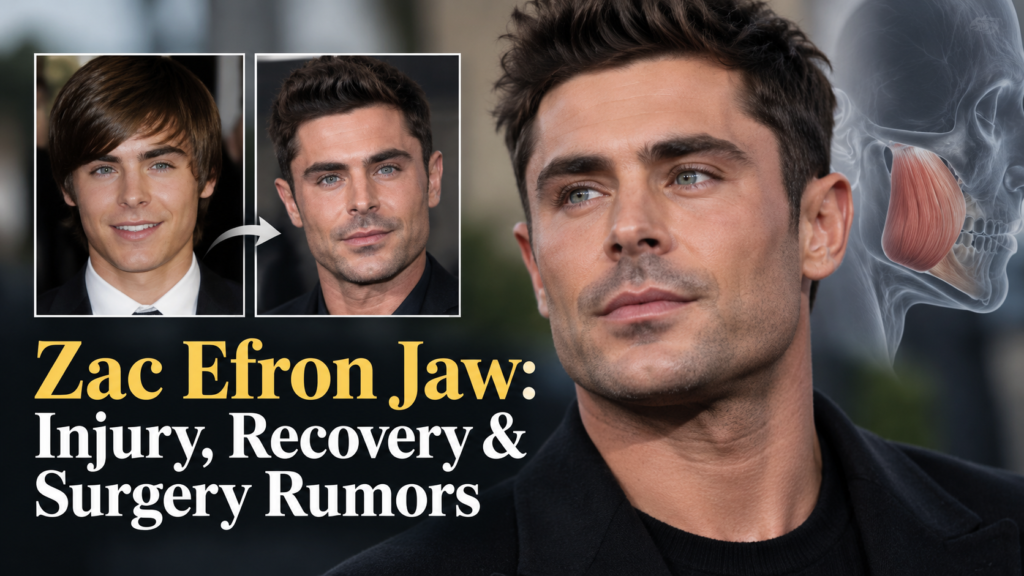 Editorial-style featured image of Zac Efron highlighting his jawline, with a subtle before-and-after visual treatment suggesting injury recovery and public speculation about facial changes.
