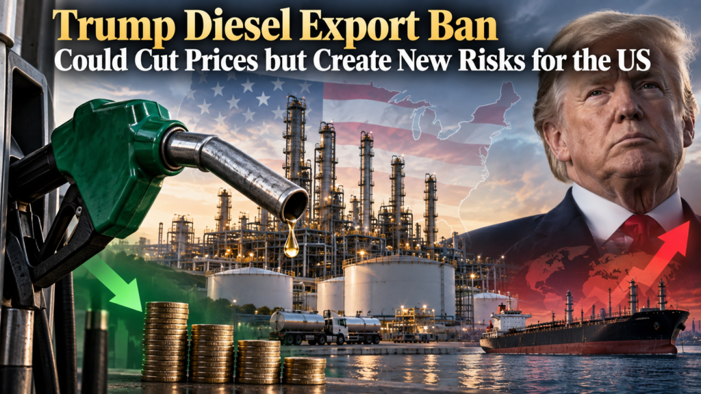 Diesel fuel pump and US refinery illustrating the Trump diesel export ban debate