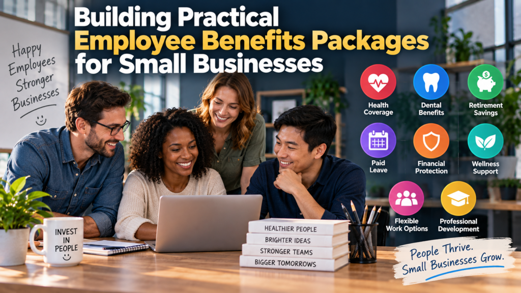 A professional small-business team reviewing an employee benefits plan, with visual symbols for health insurance, dental care, retirement savings, paid leave, flexible work, and employee wellness.